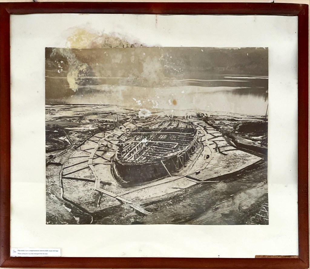 A black and white photograph of one of Caligula's ships after it was recovered in the early twentieth century 