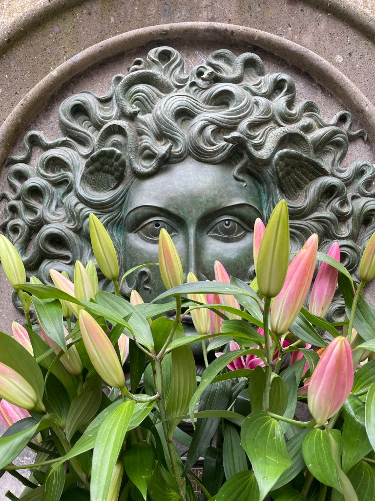 The face of the Fountain of the Gorgon with lilies in front of it. 