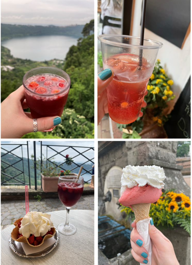 a quadtych of treats: Strawberry sangria, strawberry ice cream with shipped cream, some other delicious strawberry beverage, and strawberries and whipped cream.