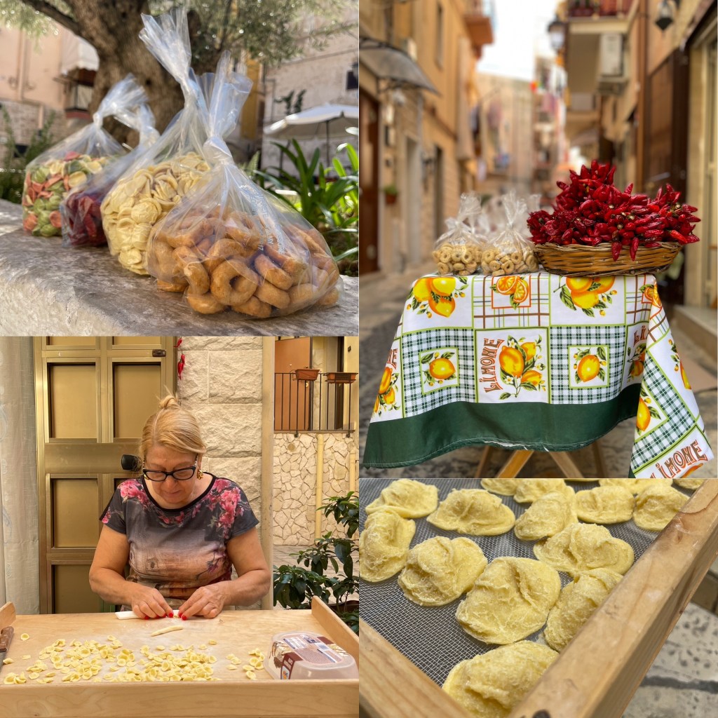 A quadtych. Top left, four plastic bags, each full of colorful orecchiette, sundried tomatoes, plain orecchiette, and taralli. Top right, a table display of taralli and peppers in Bari Vecchia. Botton left, one of the famous "Pasta Ladies" effortless making some orecchiette. Bottom left, the orecchiette on a screen, drying in the sun.