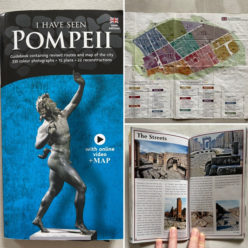 A triptych of the cover of the book called "I Have Seen Pompeii," the map that is included, and a spread that describes the streets of Pompeii.