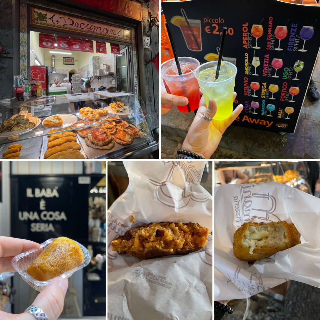 A quindych of deliciousness: Top row: Pizzeria I Decumani and spritzes from a spot somewhere nearby. Bottom row: a baba ah rhum, palle ‘e riso, and frittatina.