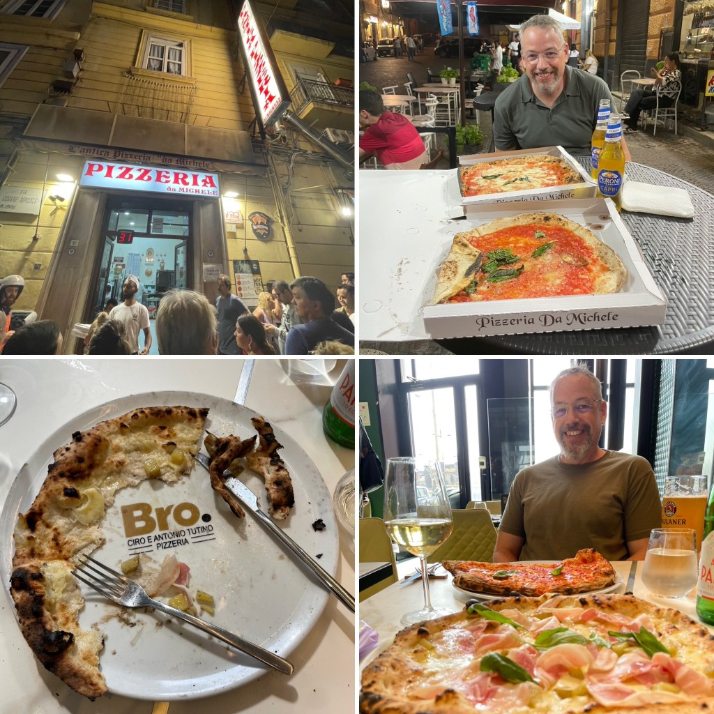 A tale of two pizzas: Top row, the outside of Pizzeria Da Michele and the pizzas we waited too long to get. On the bottom, amazing pizza from Bro Ciro & Antonio Tutino Pizzeria.