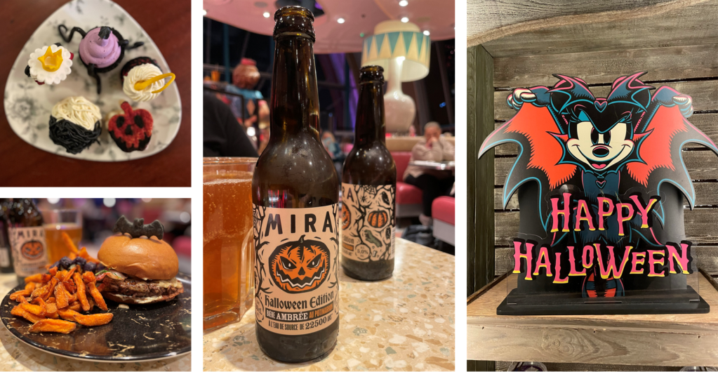 A quintych. Top left, Villains Delight treats; bottom left Vampire Burger; middle, pumpkin amber beer from Brasserie Mira; right, one of the many Halloween decorations around the park of mickey mouse as a vampire. 