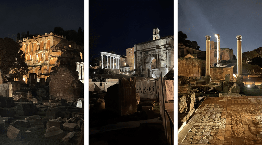 Night at the Forum, looking at the Domus Tiberiana on the left, Temple of Saturn and Arch of Septimius Severus, and looking towards the Temple of Castor and Pollux from the forum.