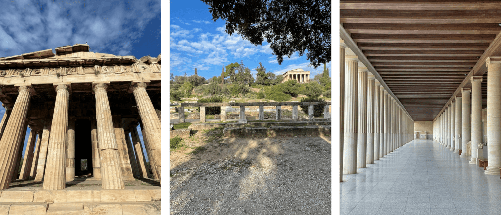 A triptych. From left to right: the temple of Hephaestus, the Shrine of the Eponymous Heroes, and the Stoa of Attalos.