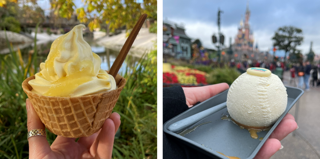 On the left if a soft-serve ice cream with pineapple in a waffle cone bowl, on the right is a white baseball made from vanilla ice cream. 